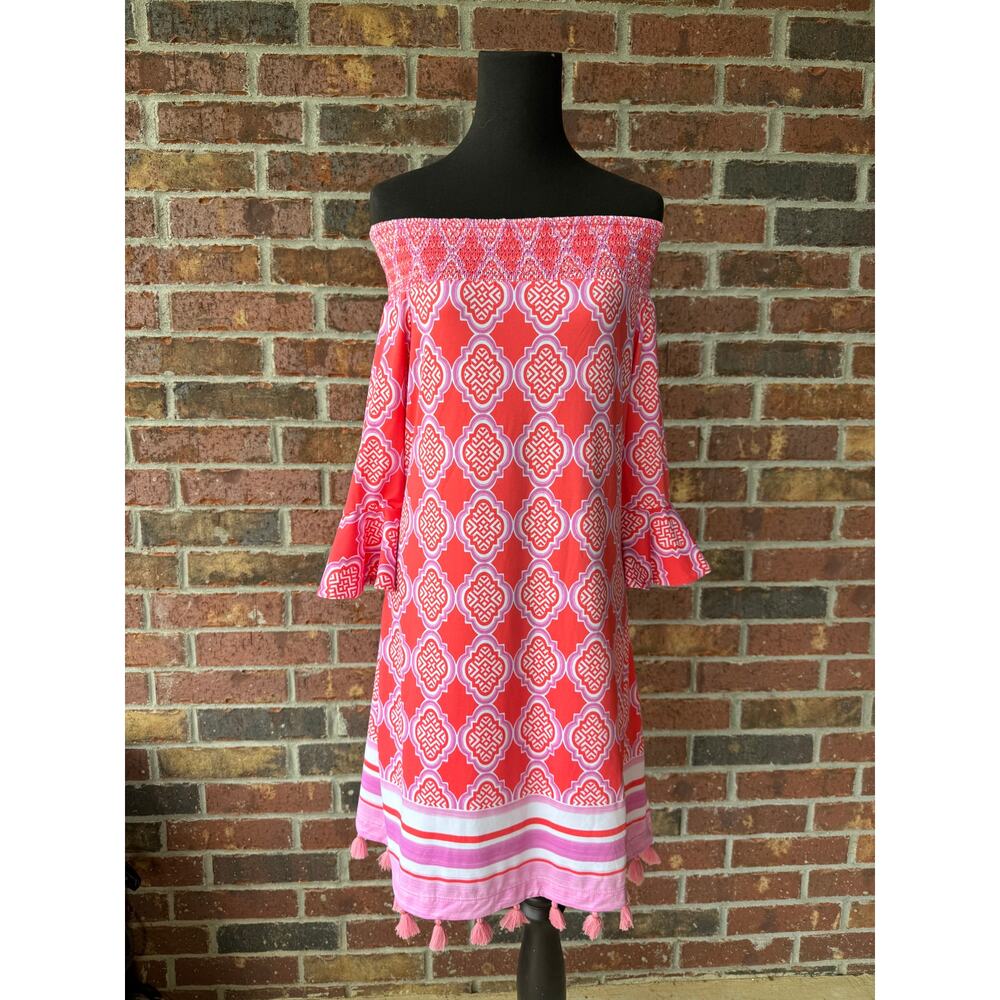 NWT Cabana Life Coral Geo Off The Shoulder Dress - Cover Up Beach UPF 50+ - S